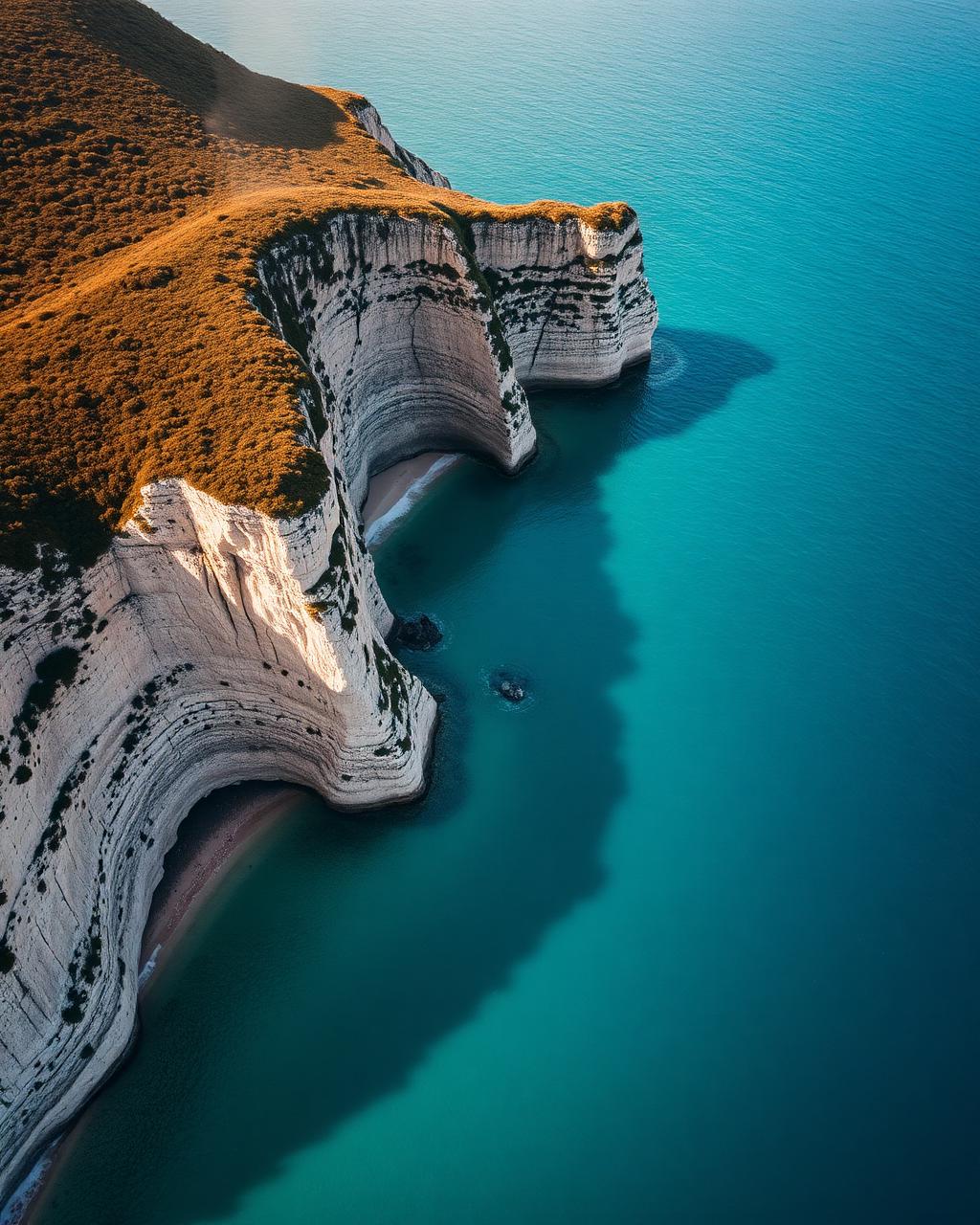 Arrábida aerial view over Portugal — White cliffs and emerald coves south of the Tagus.